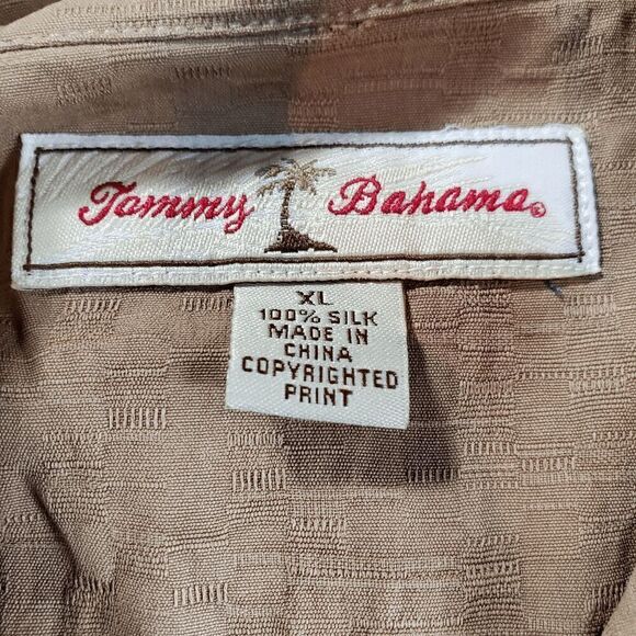 Tommy Bahama Shirt Mens XL Tan Silk Short Sleeve Paradise Spirits Button Down - Picture 2 of 13